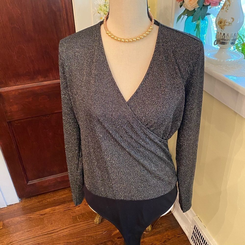 NWT L Ann Taylor Black Shimmer Wrap Bodysuit